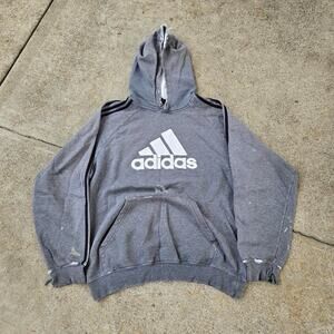 Vtg Y2k ADIDAS Embroidered 3 Stripe Paint Distressed Hooded Sweatshirt Gray XL